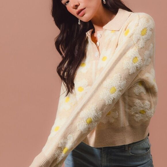 SO ME Floral Stripe Polo Collar Sweater Floral Knit Sweater with Daisies - Picture 7 of 7